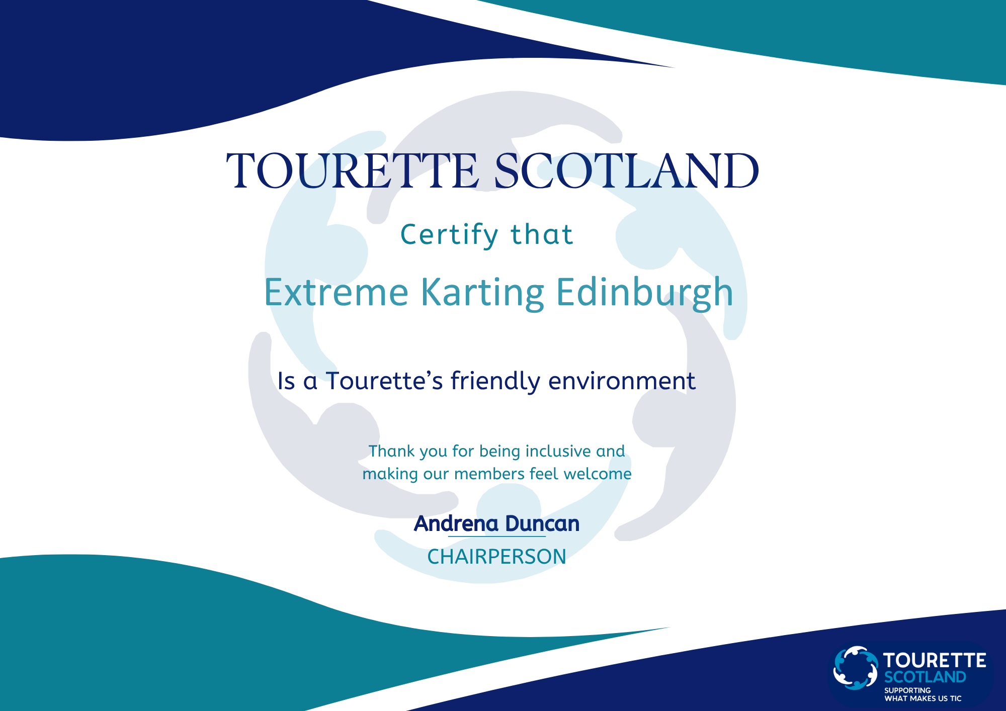 Tourette Scotland certificate recognising Xtreme Karting Edinburgh as a Tourette’s friendly environment